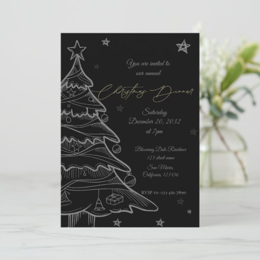 Black Gold Chalkboard Kerstdiner Uitnodiging (Staand voorkant)