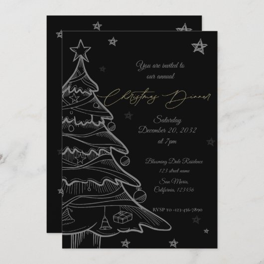 Black Gold Chalkboard Kerstdiner Uitnodiging (Voorkant / Achterkant)