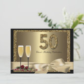Black Gold Champagne 50th Woman's Birthday Invite Kaart (Staand voorkant)