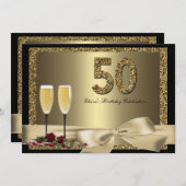 Black Gold Champagne 50th Woman's Birthday Invite Kaart (Voorkant / Achterkant)
