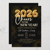 Black Gold Champagne Cheers New Years Eve Party Kaart (Voorkant / Achterkant)