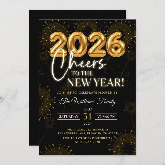 Black Gold Champagne Cheers New Years Eve Party Kaart (Voorkant / Achterkant)