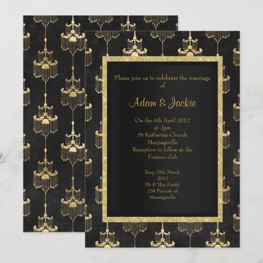 Black Gold Chandelier bruiloft Kaart (Voorkant / Achterkant)