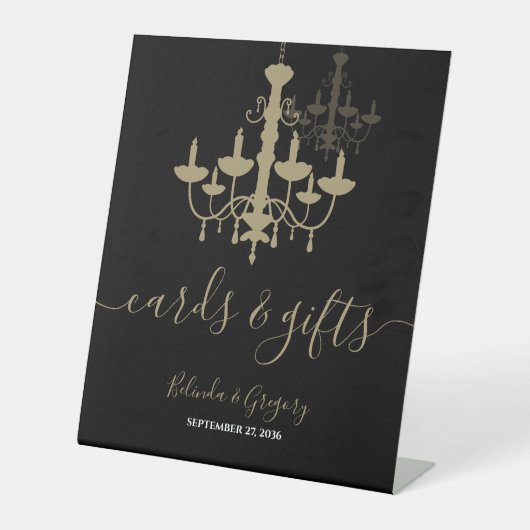 Black Gold Chandelier Wedding Cards & Gifts Reclamebord Met Voetstuk (Voorkant)