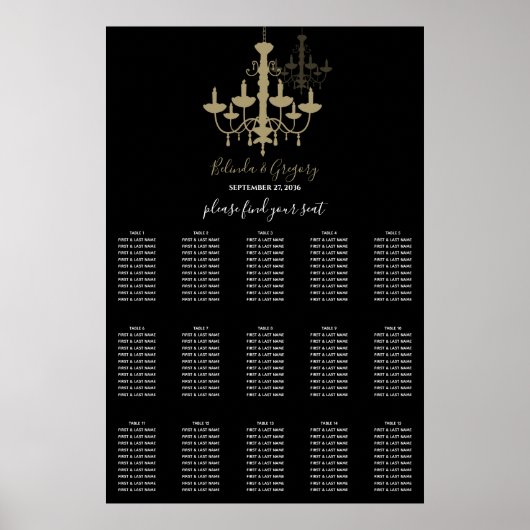 Black Gold Chandelier Wedding Seating Chart Poster (Voorkant)