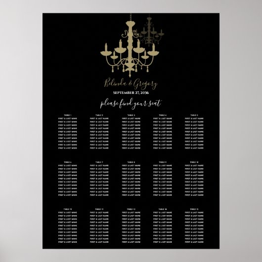Black Gold Chandelier Wedding Seating Chart Poster (Voorkant)