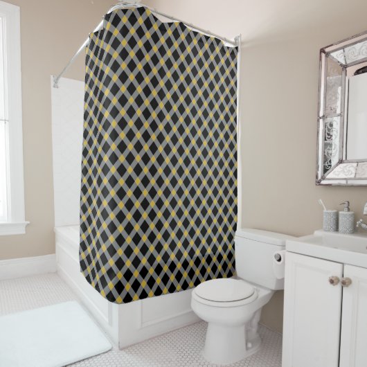 BLACK GOLD CHECKERED PATTERN SHOWER CURTATION DOUCHEGORDIJN (In situ)