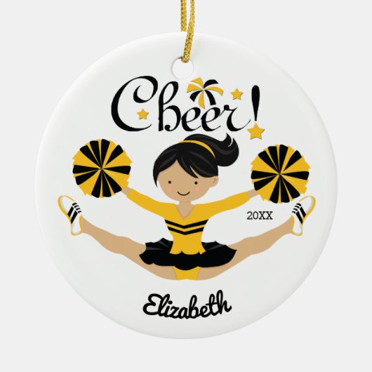 Black & Gold Cheer Dark Hair Cheerleader Ornament (Voorkant)