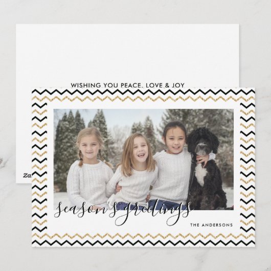 Black Gold Chevron Foto Seizoenskaarten Feestdagenkaart (Voorkant / Achterkant)