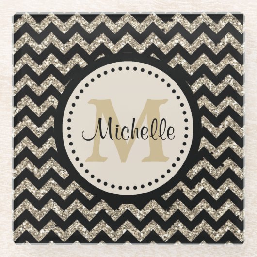 Black Gold Chevron Monogram Glazen Onderzetter (Voorkant)
