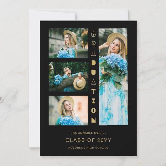 Black Gold Chic 4 Multi-Photos Funny Script Invita Kaart (Voorkant)