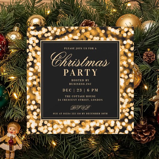 Black & Gold Christmas Glam Lights Holiday Party Kaart