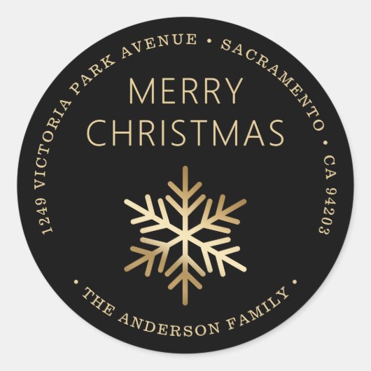 Black Gold Christmas Snowflake Return Address Ronde Sticker (Voorkant)
