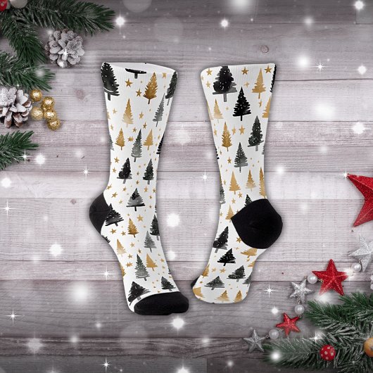 Black & Gold Christmas Trees Crew Sokken