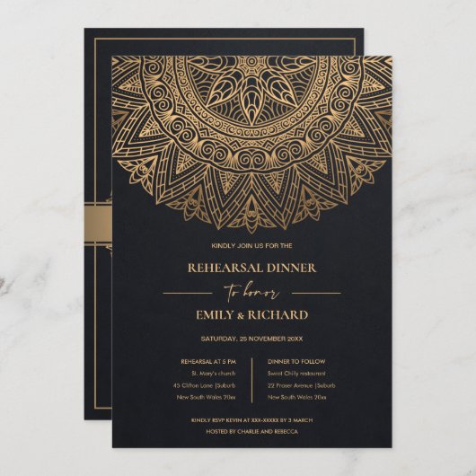 BLACK GOLD  CLASSIC MANDALA REHEARSAL DINNER KAART (Voorkant / Achterkant)