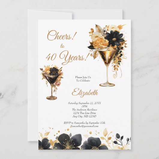 Black Gold Cocktails Drink bloemen 40e verjaardag Kaart (Voorkant)