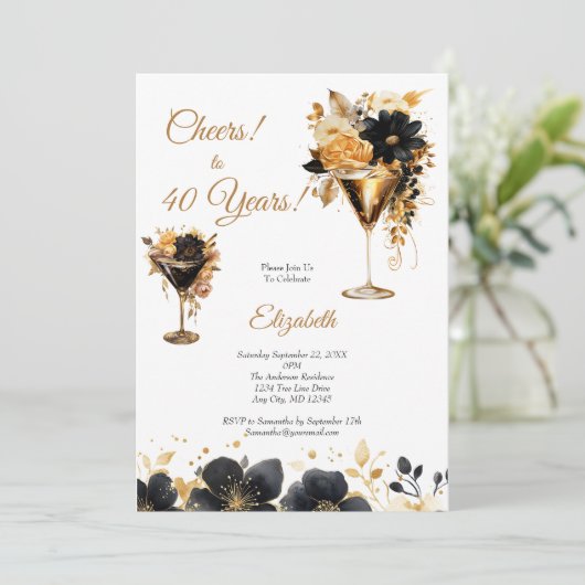 Black Gold Cocktails Drink bloemen 40e verjaardag Kaart (Staand voorkant)