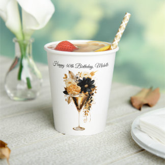 Black Gold Cocktails Drink Florals 40th Birthday  Papieren Bekers