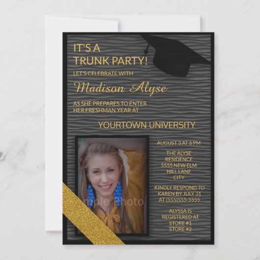 Black Gold College Trunk Party Dorm Shower Invite Kaart (Voorkant)