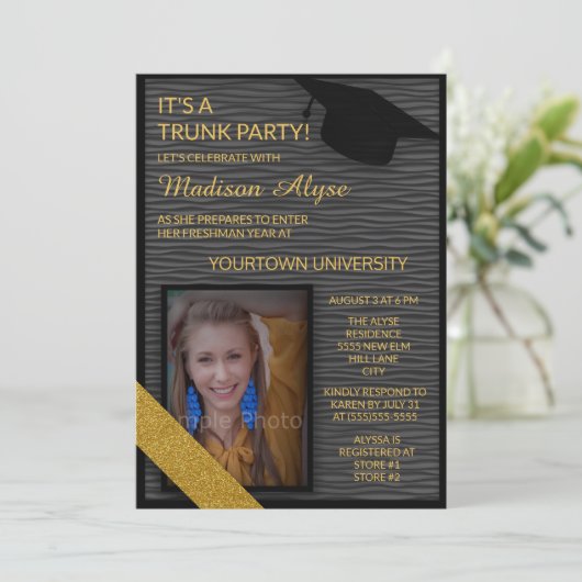 Black Gold College Trunk Party Dorm Shower Invite Kaart (Staand voorkant)