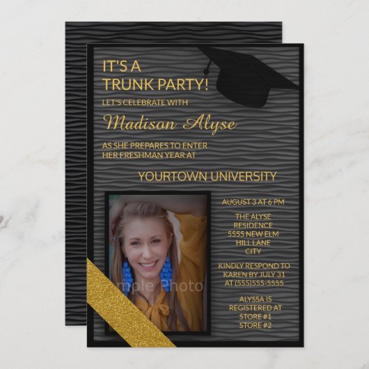 Black Gold College Trunk Party Dorm Shower Invite Kaart (Voorkant / Achterkant)