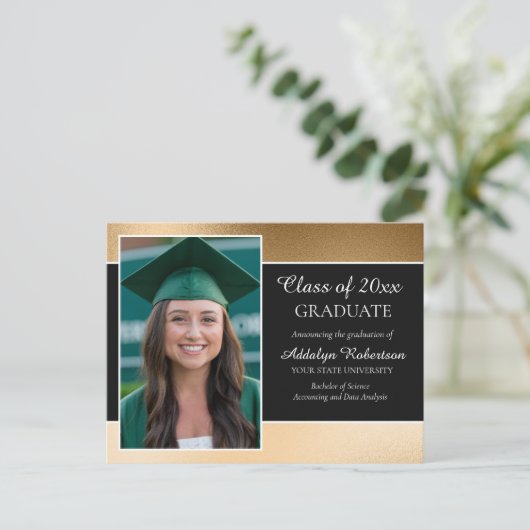 Black Gold College University Foto Afstuderen Aankondigingskaart (Staand voorkant)