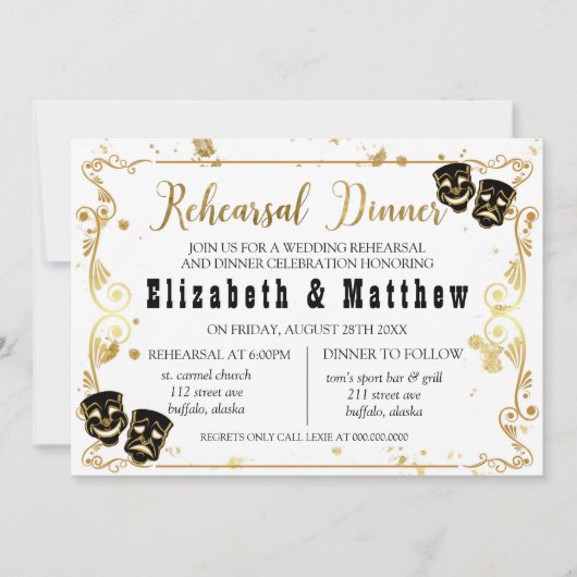 Black Gold Comedy en Tragedie Rehearsal Dinner Kaart (Voorkant)