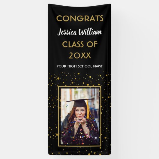 Black Gold Confetti 2023 Foto Graduation Party Spandoek (Verticaal)