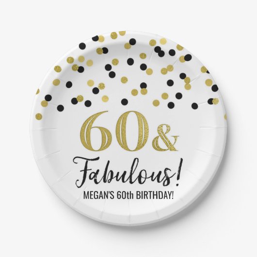 Black Gold Confetti 60 en Fabulous Birthday Papieren Bordje (Voorkant)