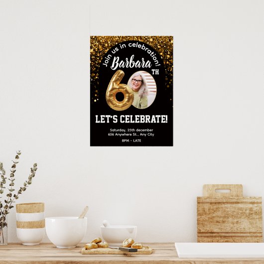 Black Gold Confetti Birthday Invite 60th Poster (Keuken)