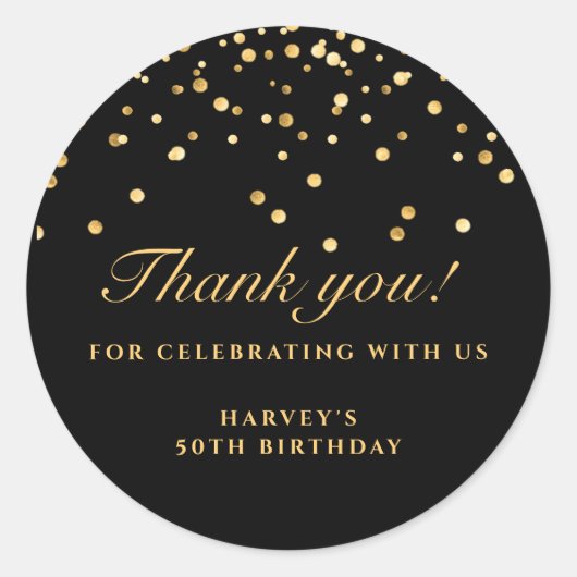 Black & Gold Confetti Birthday Sticker, bedankt Ronde Sticker (Voorkant)