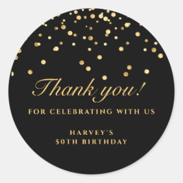 Black & Gold Confetti Birthday Sticker, bedankt Ronde Sticker