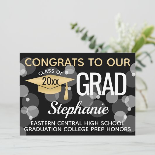 Black Gold Confetti Bokeh Bubbles Afstuderen Kaart (Staand voorkant)