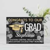 Black Gold Confetti Bokeh Bubbles Afstuderen Kaart (Staand voorkant)