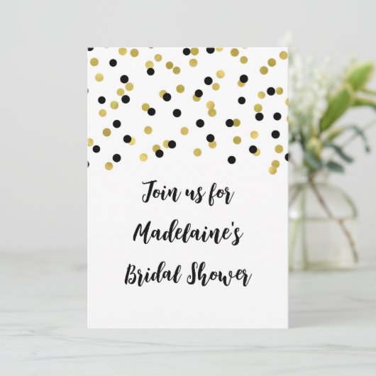 Black Gold Confetti Bridal Shower-uitnodiging Kaart (Staand voorkant)