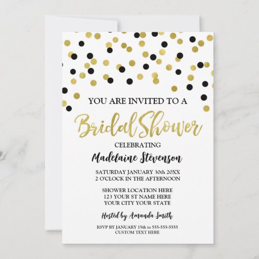 Black Gold Confetti Bridal Shower-uitnodiging Kaart (Achterkant)