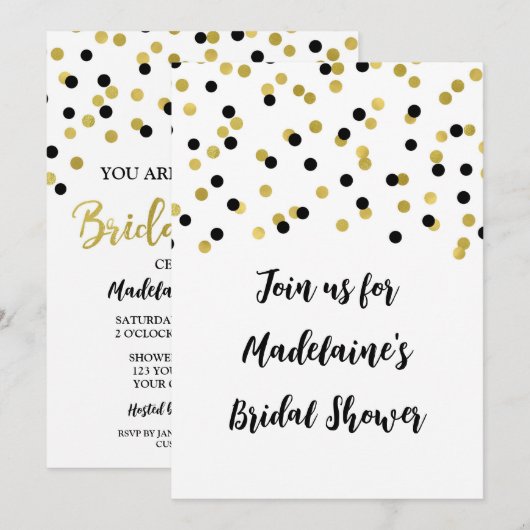 Black Gold Confetti Bridal Shower-uitnodiging Kaart (Voorkant / Achterkant)