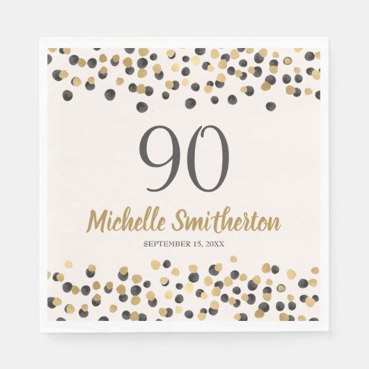 Black Gold Confetti Glitter 90th Birthday Servet (Voorkant)