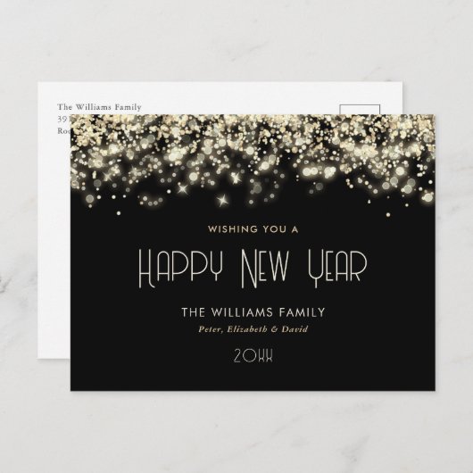 Black Gold Confetti Happy New Year Briefkaart (Voorkant / Achterkant)