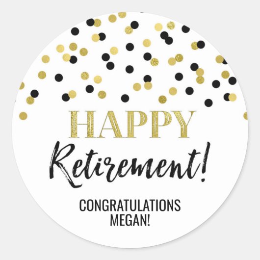 Black Gold Confetti Happy Retirement Ronde Sticker (Voorkant)