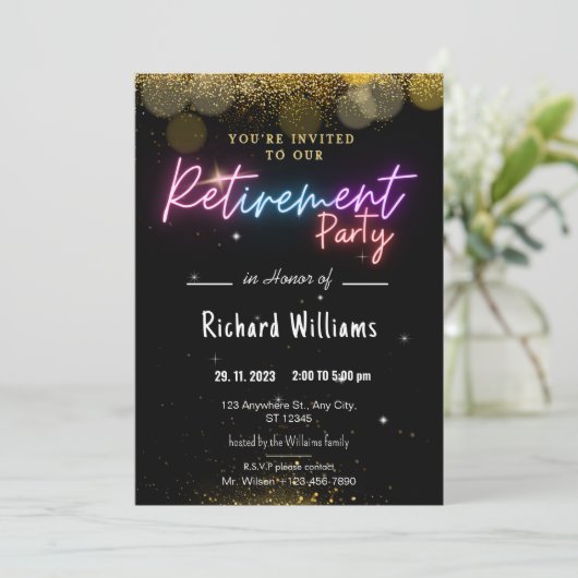 Black Gold Confetti Pensioenfeestuitnodigingen Kaart (Staand voorkant)
