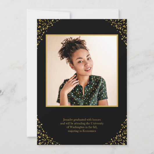 Black Gold Confetti Photo Afstuderen Aankondiging (Achterkant)