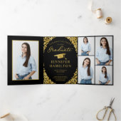 Black Gold Confetti Photo Graduparty Drieluik Uitnodiging (Binnen)