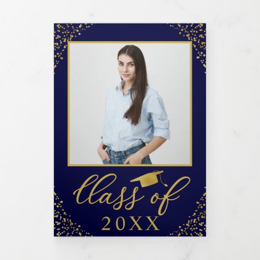 Black Gold Confetti Photo Graduparty Drieluik Uitnodiging (Cover)