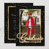 Black Gold Confetti Photo Graduparty Kaart (Voorkant / Achterkant)