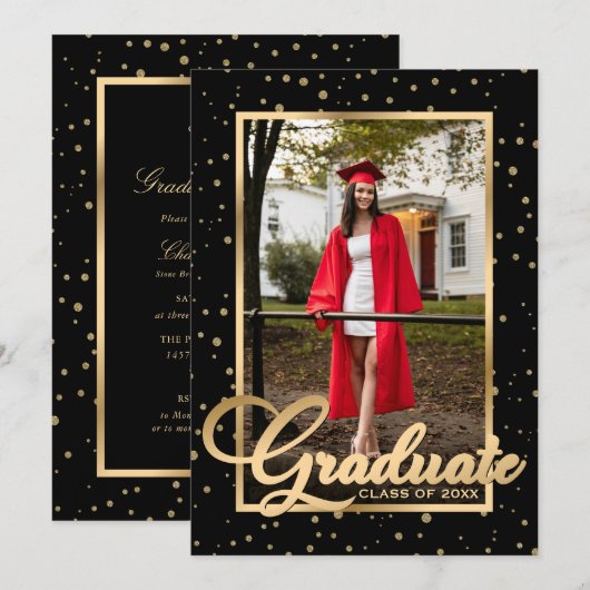 Black Gold Confetti Photo Graduparty Kaart (Voorkant / Achterkant)