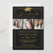 Black Gold Confetti Script 3 Foto's Afstuderen Kaart (Voorkant)