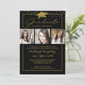 Black Gold Confetti Script 3 Foto's Afstuderen Kaart (Staand voorkant)