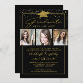 Black Gold Confetti Script 3 Foto's Afstuderen Kaart (Voorkant / Achterkant)