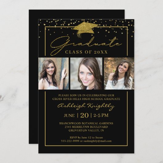 Black Gold Confetti Script 3 Foto's Afstuderen Kaart (Voorkant / Achterkant)